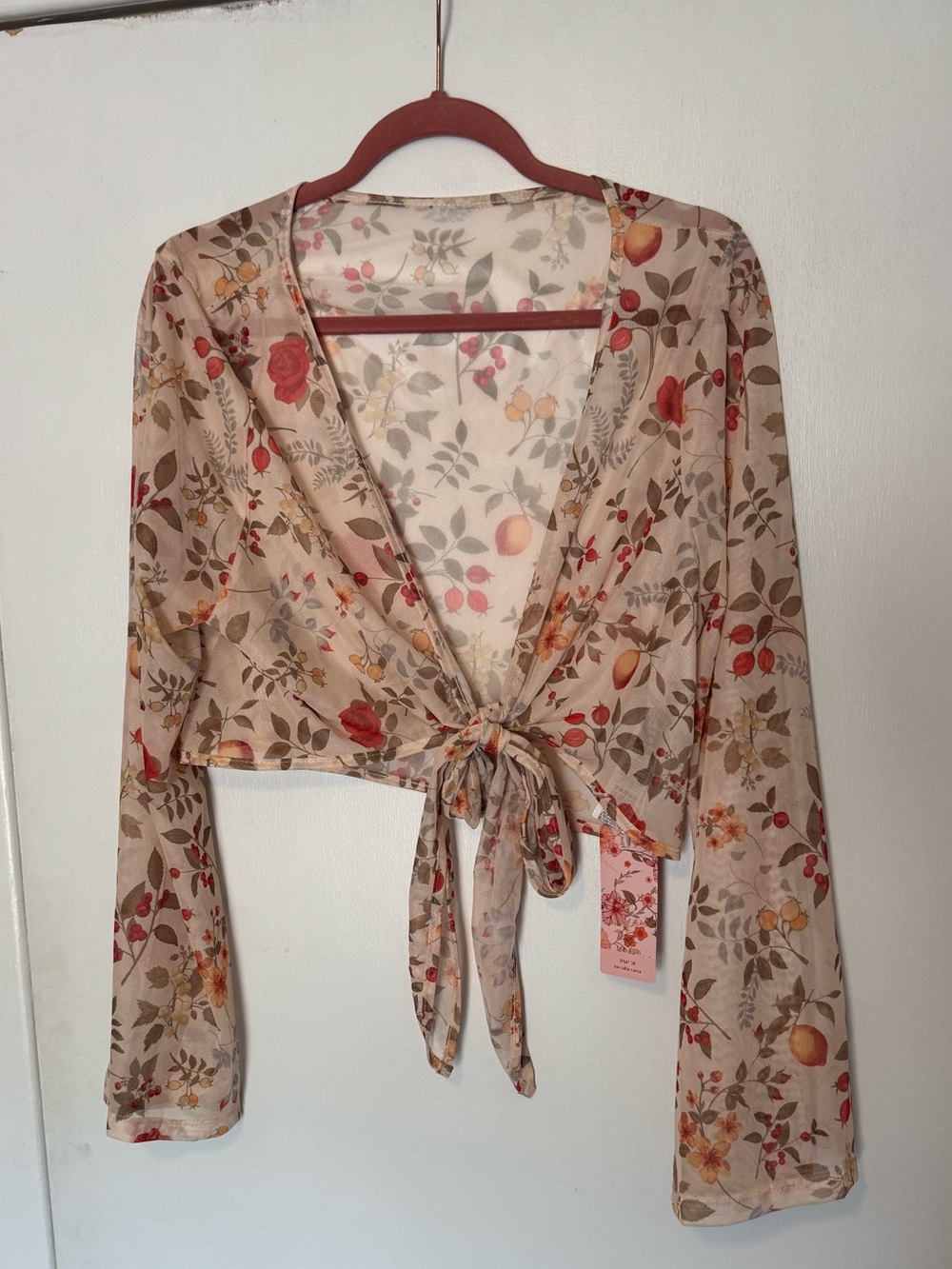 SHEIN Beige Floral Tie-Front Sheer Blouse Wrap with Red Accents